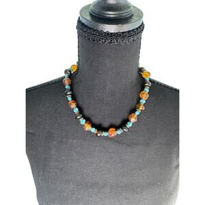 Vintage Style Beaded Jewelry Set With Amber Resin Beads Turquoise Colored Beads